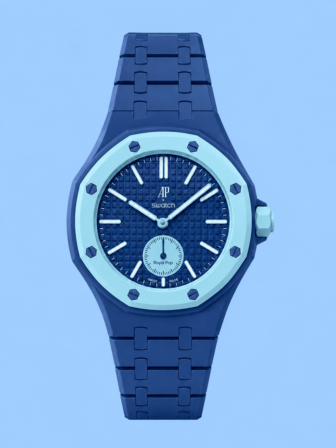 Dark blue Audemars Piguet x Swatch Royal Pop watch with light blue octagonal bezel.