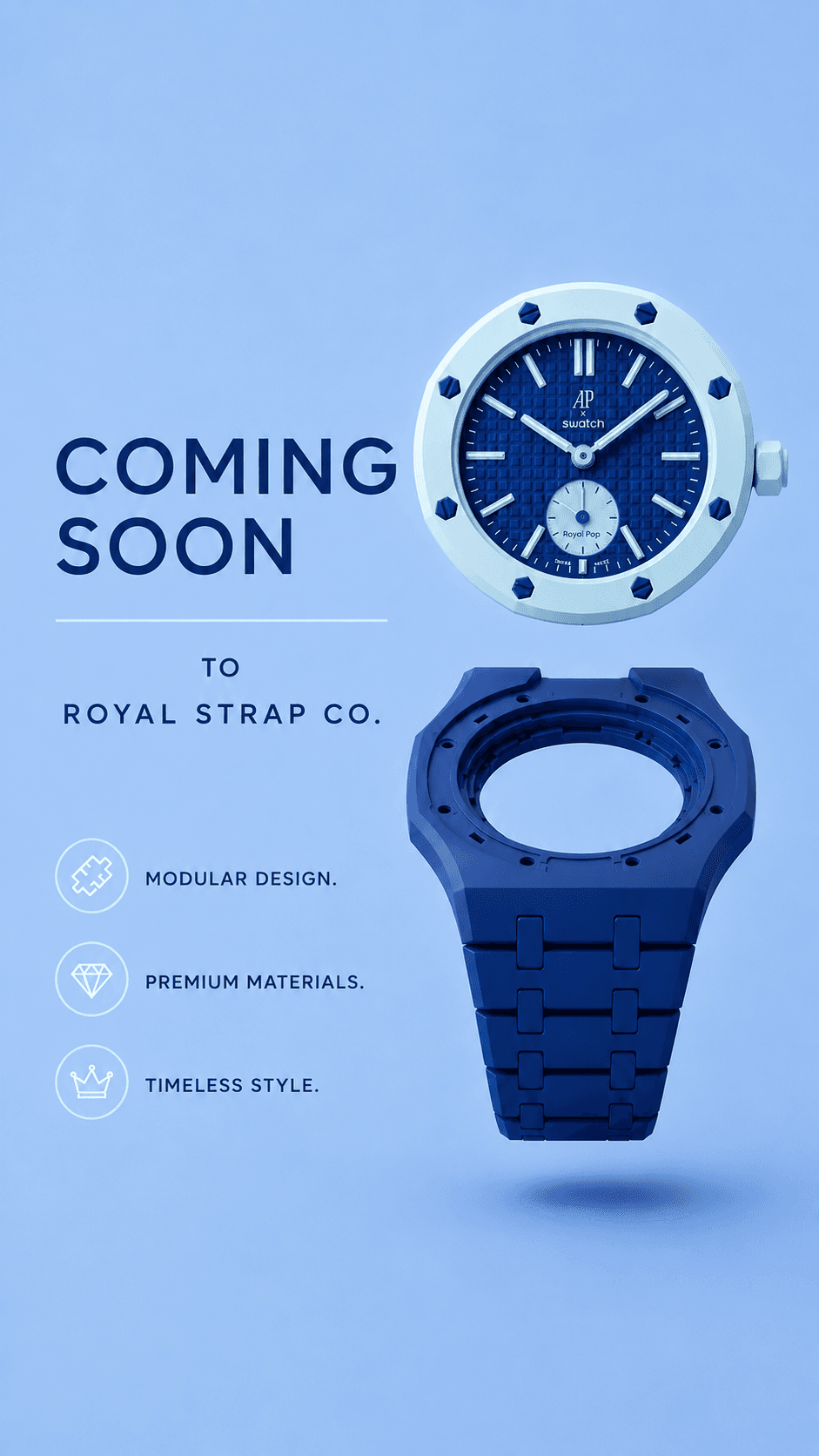 Blue watch face floating above a modular strap with 'Coming Soon' text on blue background.