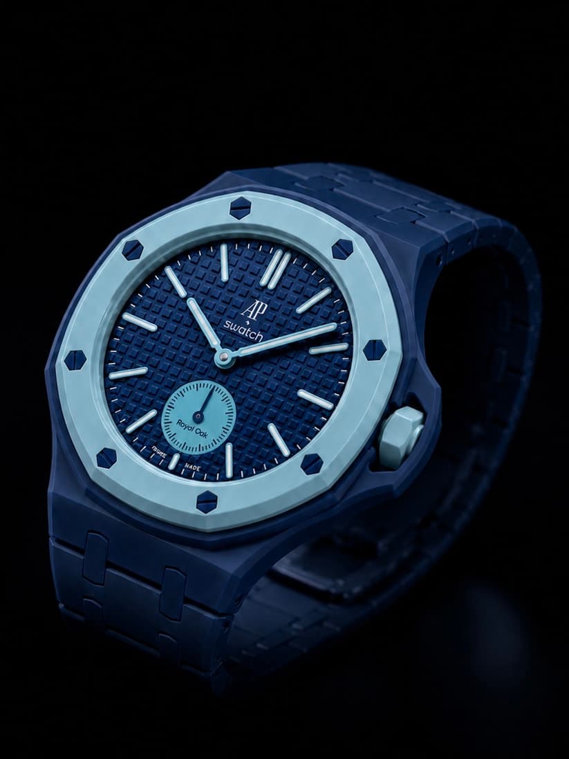 Dark blue Audemars Piguet Swatch watch featuring a textured dial and light blue octagonal bezel.
